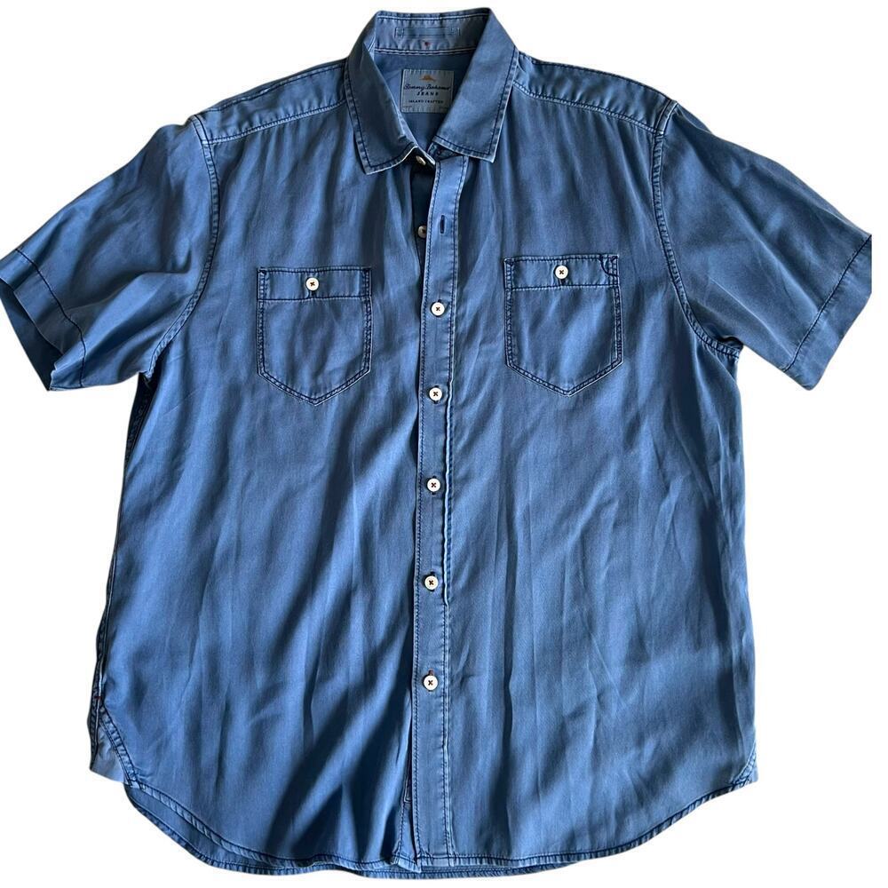 Tommy Bahama Men’s Short Sleeve Shirt Medium Blue‎ Tencel Cotton Blend Button-Up